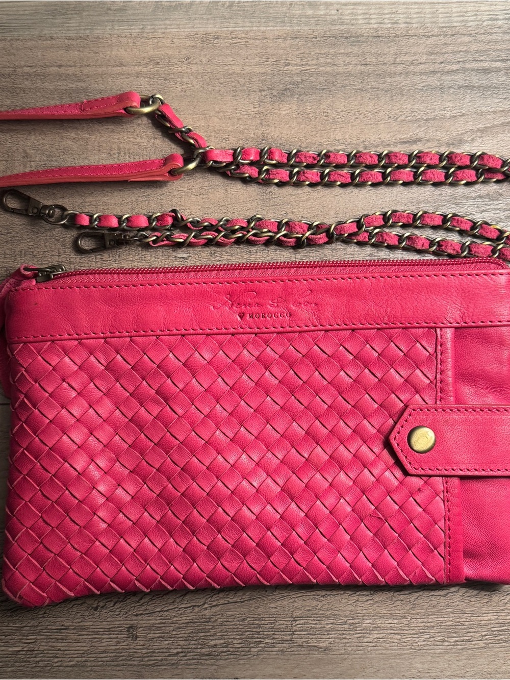 Nena and co pink flamingo leather everything clutch with crossbody strap